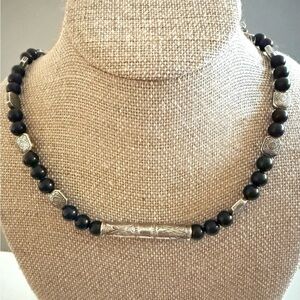 Vintage Sterling Silver Greenish Black Natural Gemstone Beaded Necklace